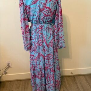 Sky Blue Maxi Dress with Pink Leaf Print - Classic Long Sleeve